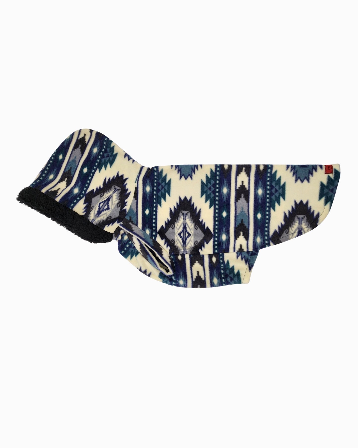 Blue Aztec fleece dog sweater with sherpa trim hood, side view