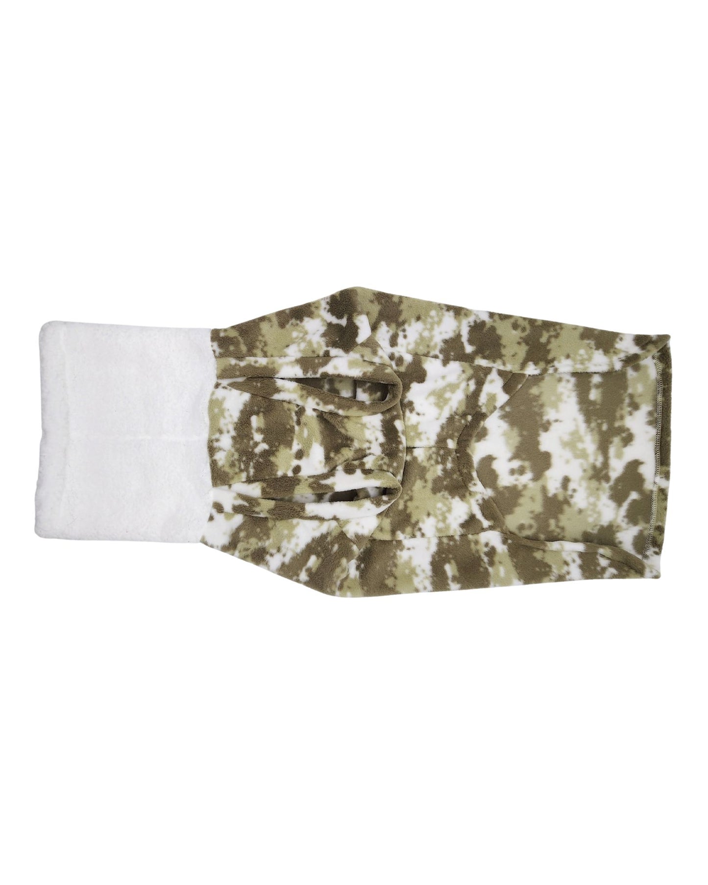 Green camouflage fleece dog sweater with soft white sherpa turtleneck, underbelly view