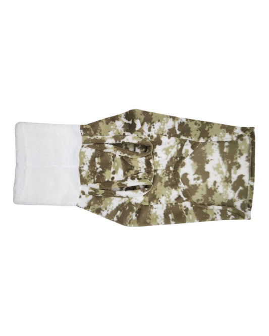 Green camouflage fleece dog sweater with soft white sherpa turtleneck, underbelly view