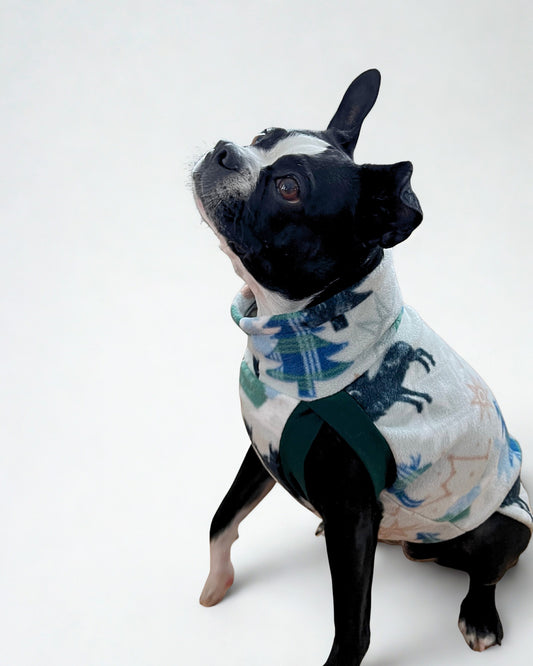 Back profile of a white pup wearing a fleece sweater featuring a delightful mix of moose, pine trees, moon, and sun, with artistic lines and accents on a light background.
