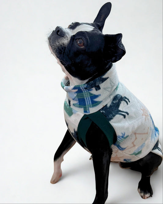 Back profile of a white pup wearing a fleece sweater featuring a delightful mix of moose, pine trees, moon, and sun, with artistic lines and accents on a light background.