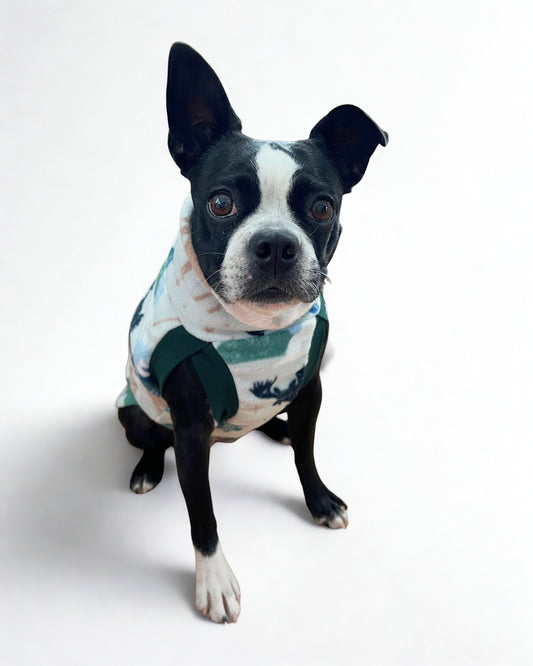 Side profile of a white pup wearing a fleece sweater featuring a delightful mix of moose, pine trees, moon, and sun, with artistic lines and accents on a light background.
