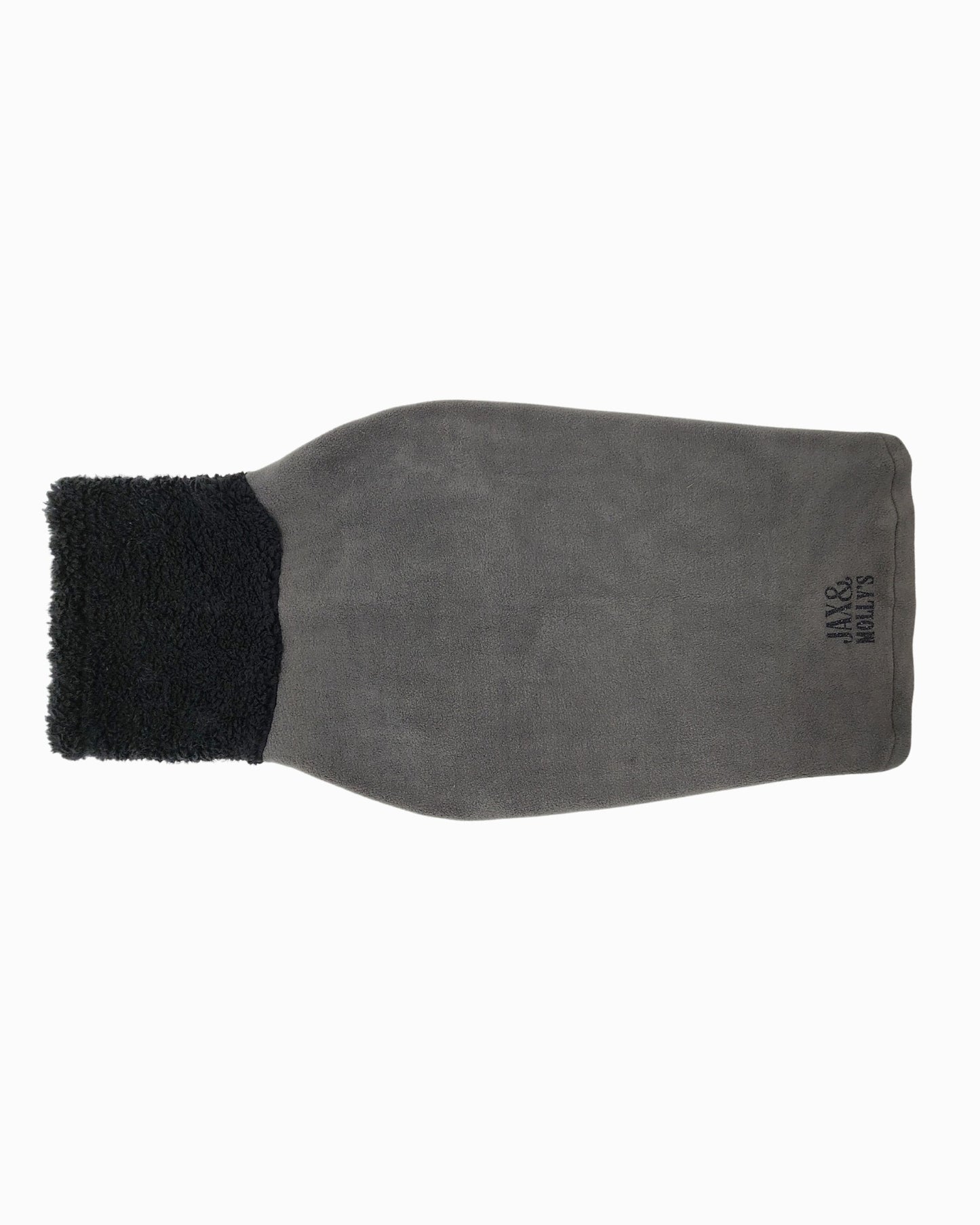 Charcoal gray fleece dog sweater with black sherpa turtleneck, back view