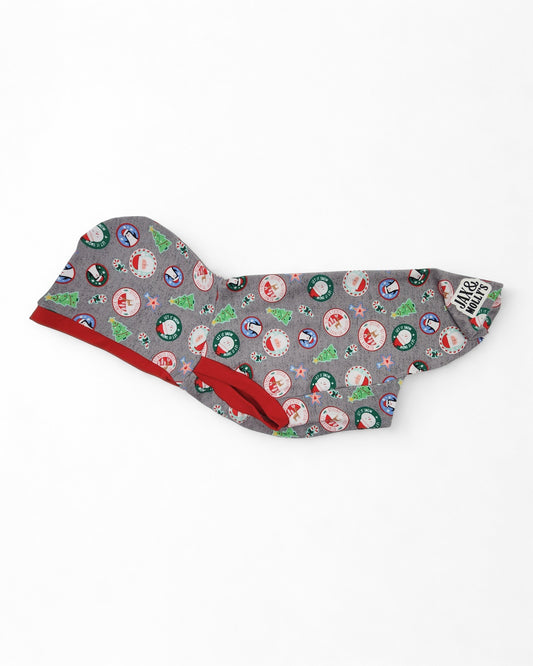 Christmas Stickers Dog Hoodie with red trim by Jax & Molly’s