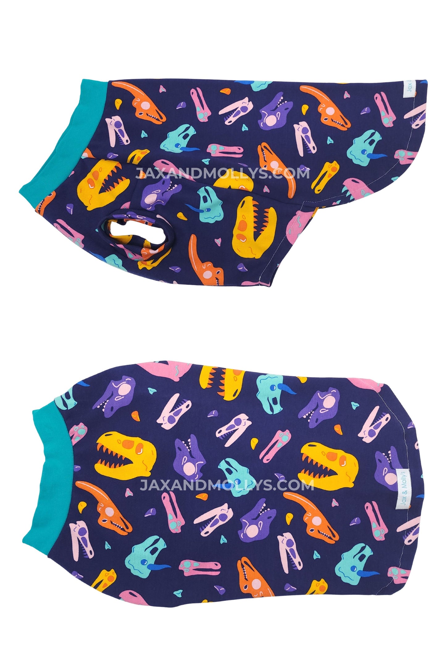 Colorful Dino Skulls lightweight cotton spandex dog tank, side and back view