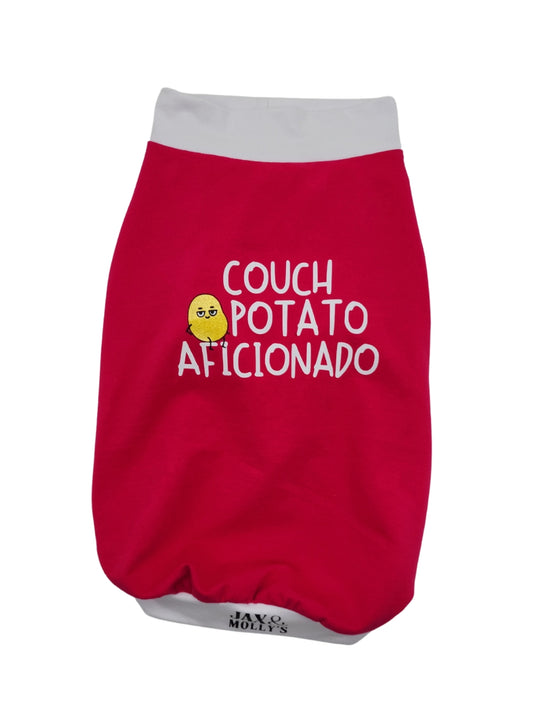 Fuchsia muscle tank for dogs with white trim and Couch Potato Aficionado vinyl print.