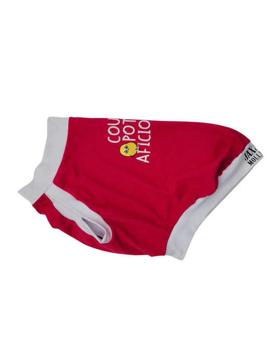 Side view of fuchsia muscle tank for dogs with white trim and Couch Potato Aficionado vinyl print.