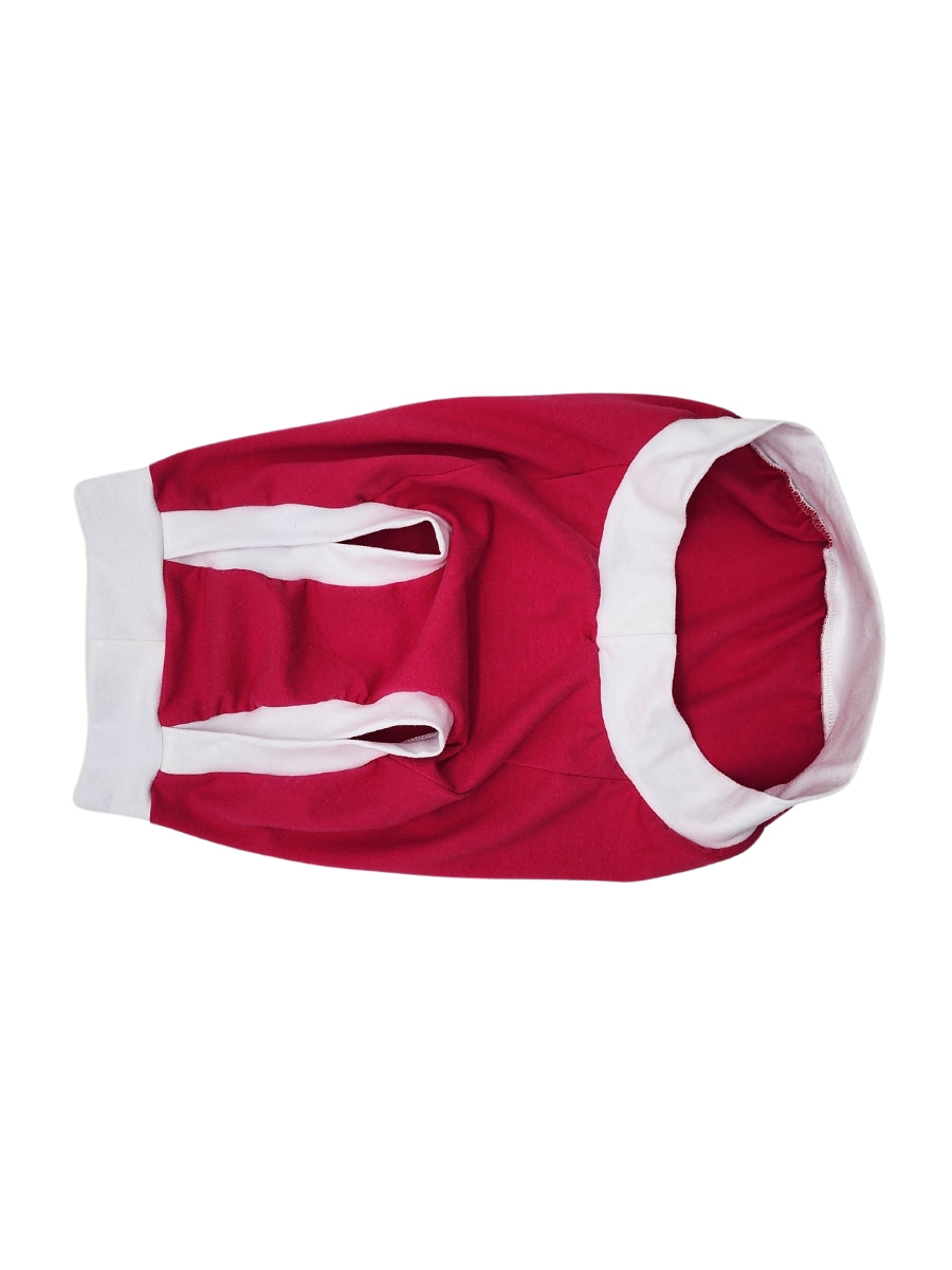 Underbelly view a Fuchsia muscle tank for dogs with white trim and Couch Potato Aficionado vinyl print.