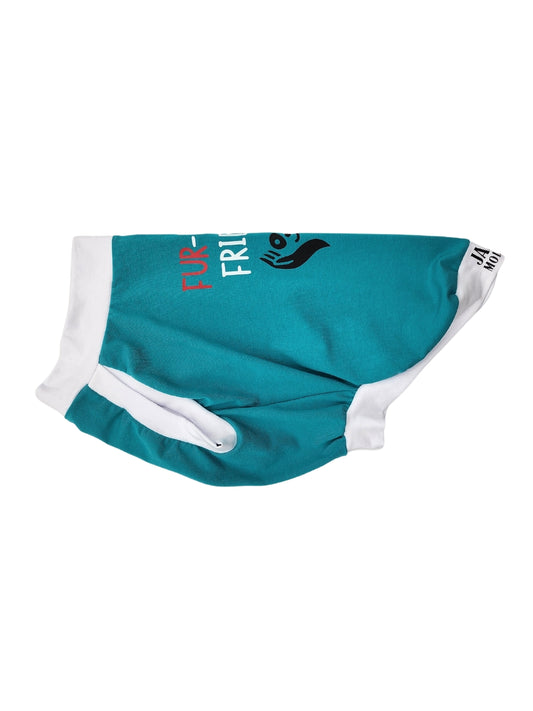 Side view of a Jade muscle tank for dogs, accented with white trim, featuring a vinyl print that reads Fur-Ever Friend along with an image of a dog outlined by human hands.