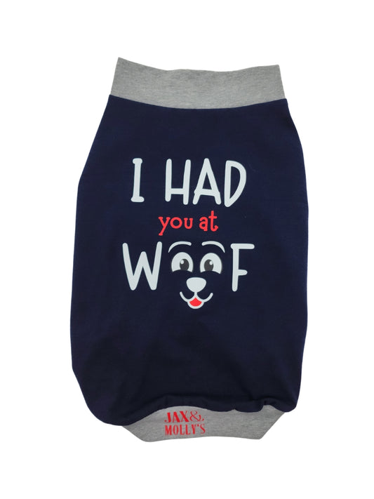 Navy Blue muscle tank for dogs with I Had You at Woof vinyl print and gray trim.
