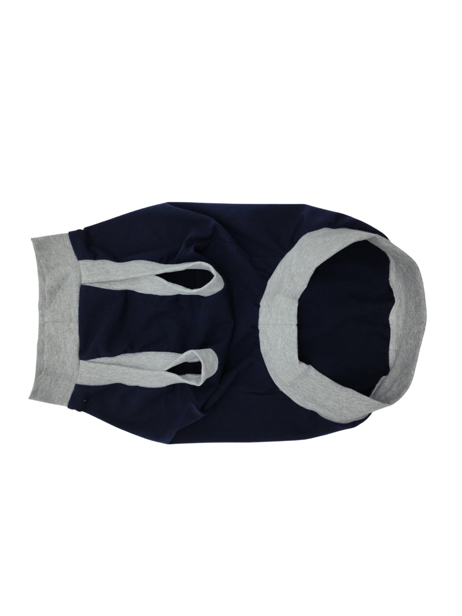 Underbelly view of a Navy Blue muscle tank for dogs with I Had You at Woof vinyl print and gray trim.