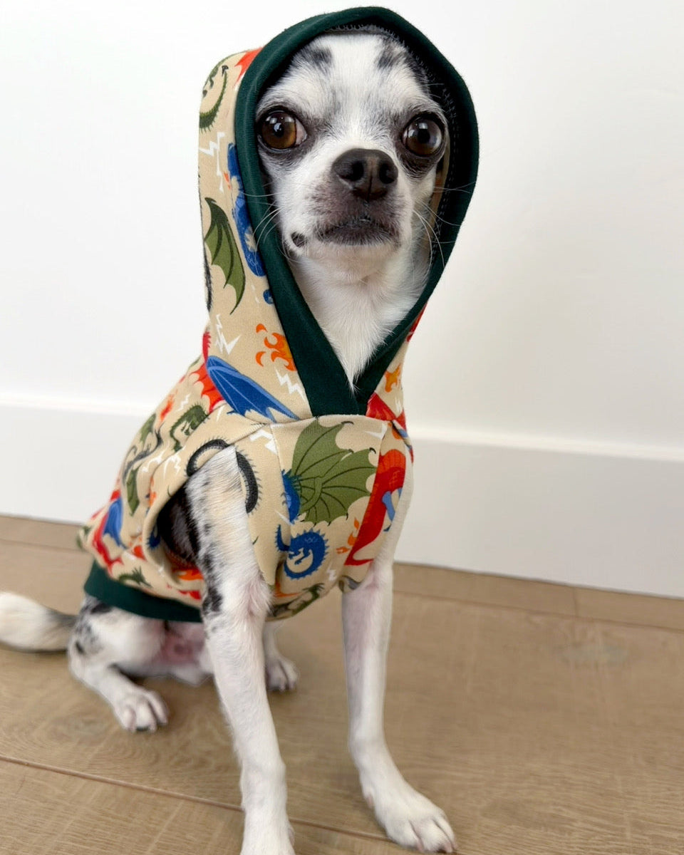 Sleeveless dragon print dog pajamas with hood and waistband