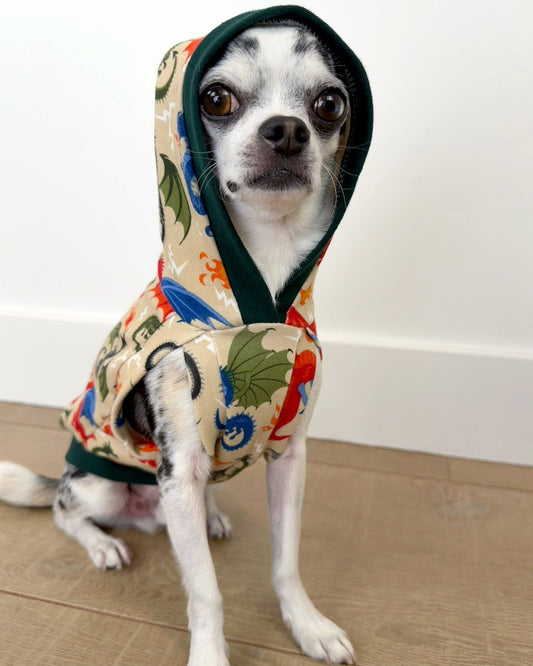 Sleeveless dragon print dog pajamas with hood and waistband