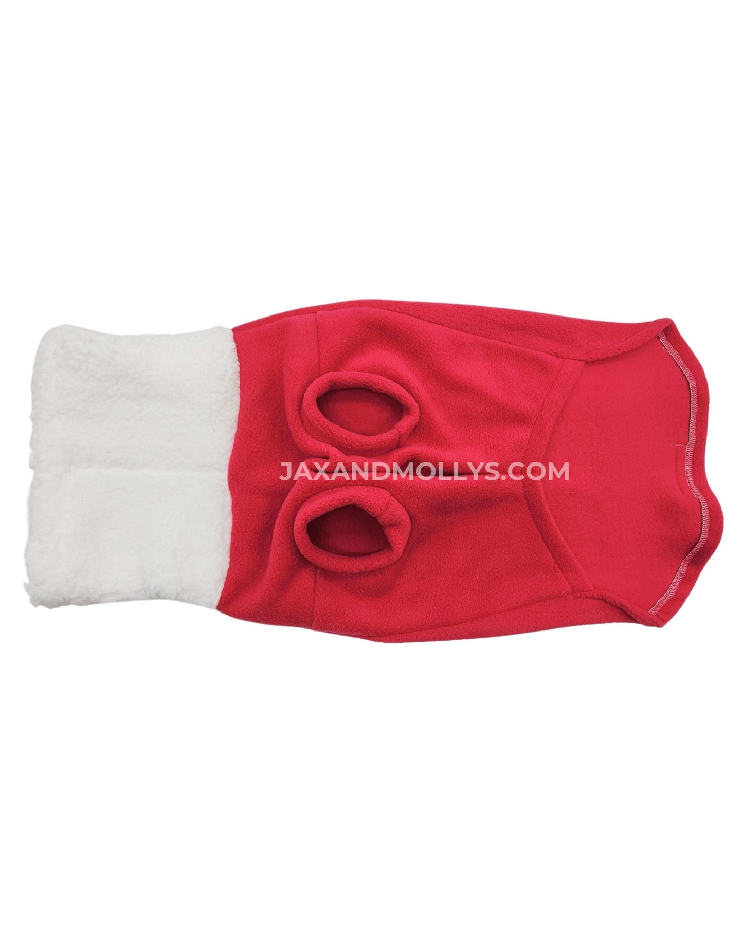 Underbelly view of a fuchsia fleece dog sweater with a faux sherpa turtleneck.