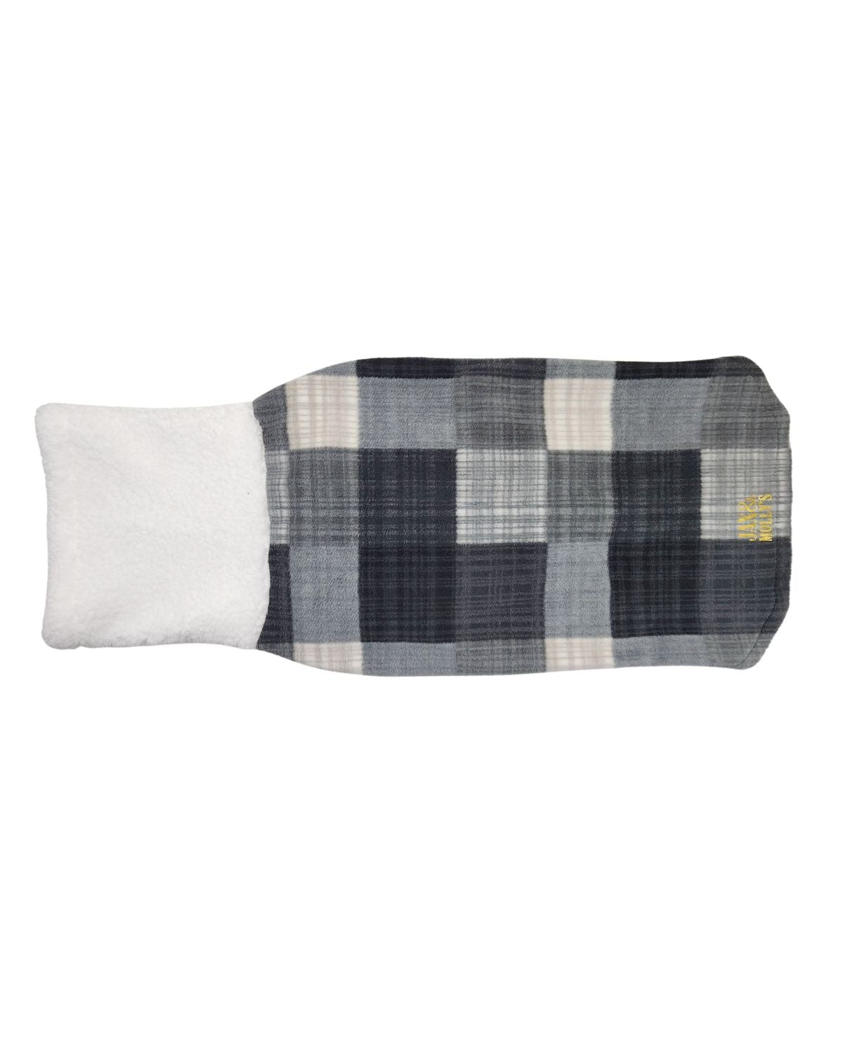 Gray and black plaid fleece dog sweater with white sherpa turtleneck, top view
