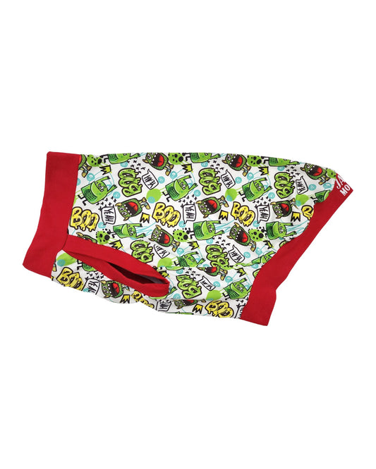 Green Graffiti Goblins dog pajamas with red trim, side view showing playful graffiti print
