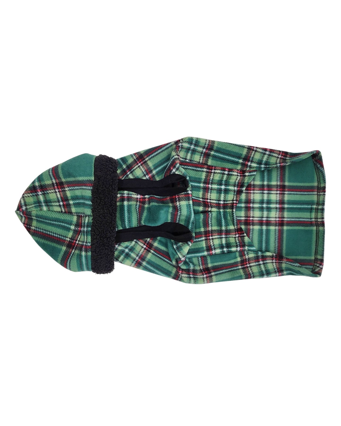 Green plaid fleece sweater for dogs – underbelly view with sherpa trim