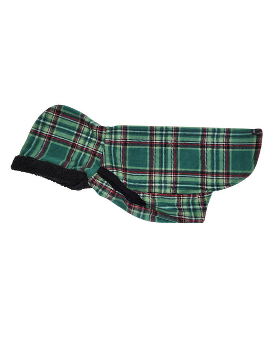 Green plaid fleece dog sweater – side view with hood
