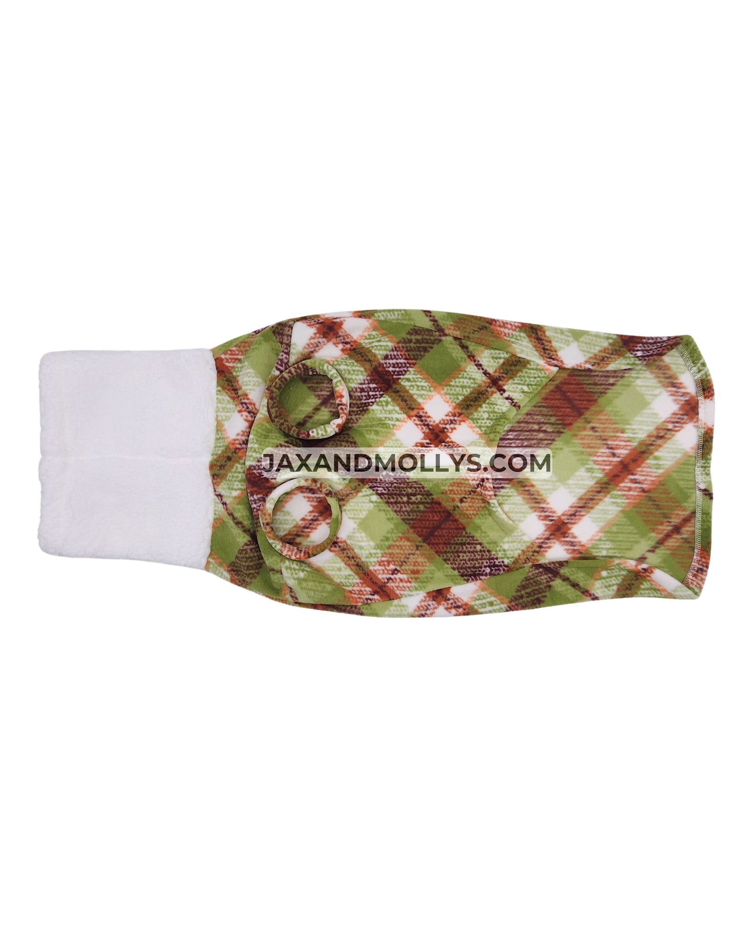 Green and brown plaid fleece dog sweater with white sherpa turtleneck, flat underbelly view