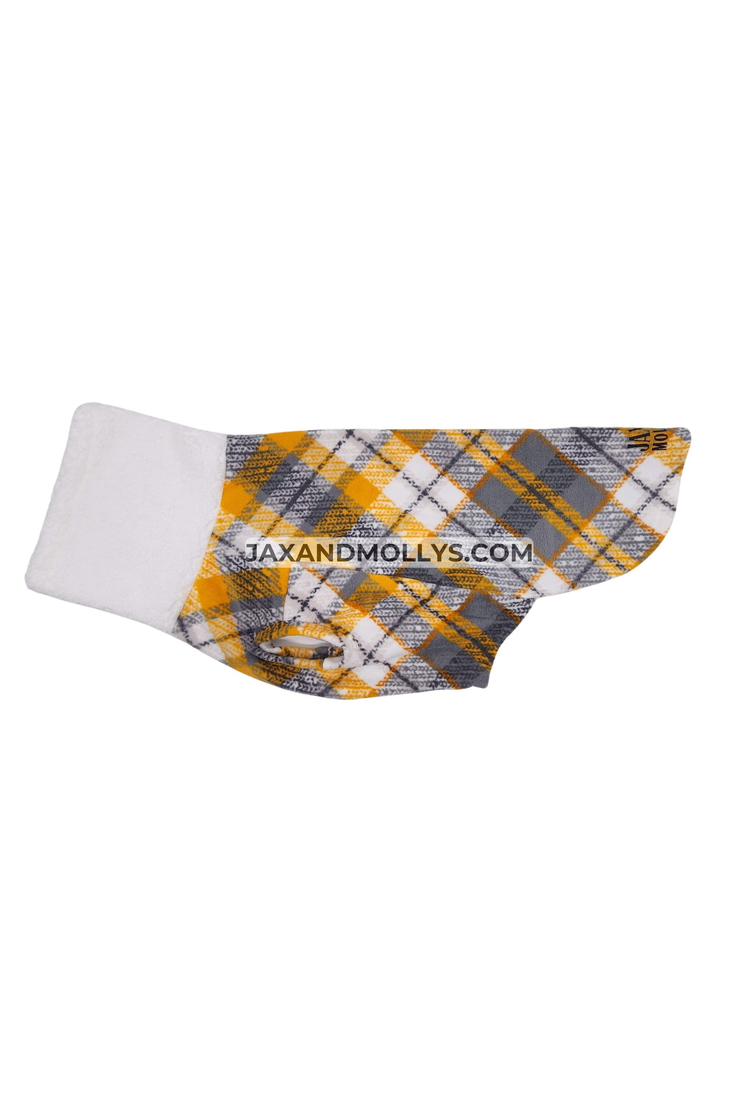 Dog sweater in a gray, yellow, and white plaid pattern, featuring a faux sherpa turtleneck.