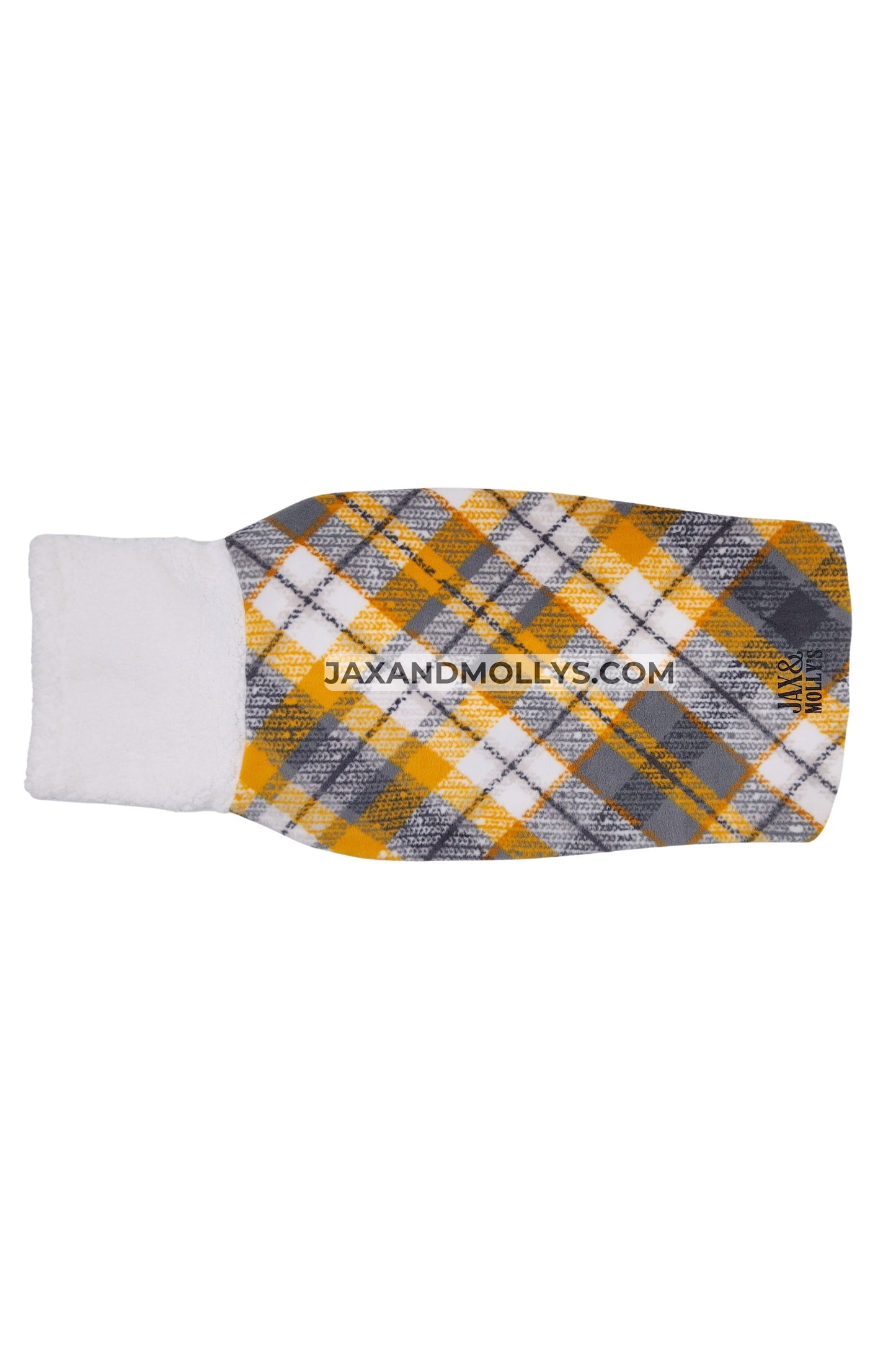 A plaid dog sweater in shades of gray, yellow, and white, featuring a faux sherpa turtleneck.