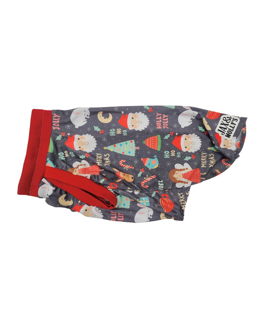 Lightweight polyester dog shirt with red trim and festive print