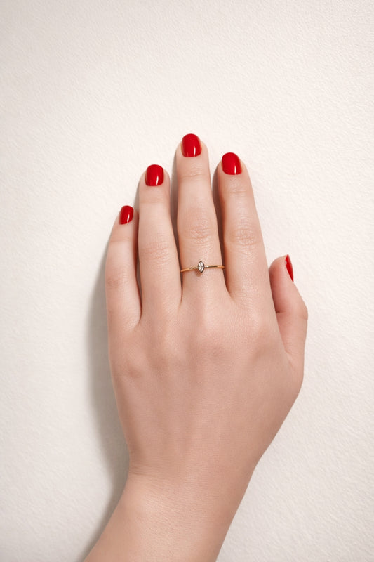 Dainty marquise gold ring 18k PVD stainless steel ring on hand model red nails minimalist style
