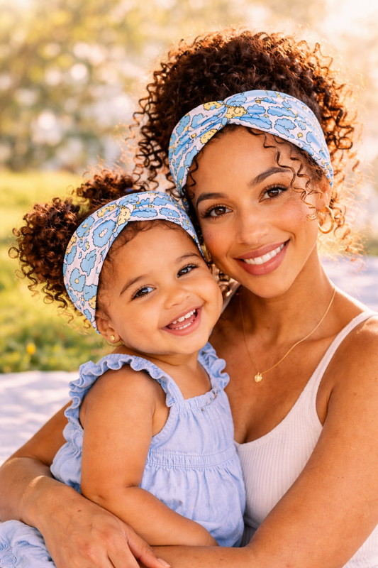 sleepy moon print knot headbands soft stretch fabric mom and baby matching close up lifestyle