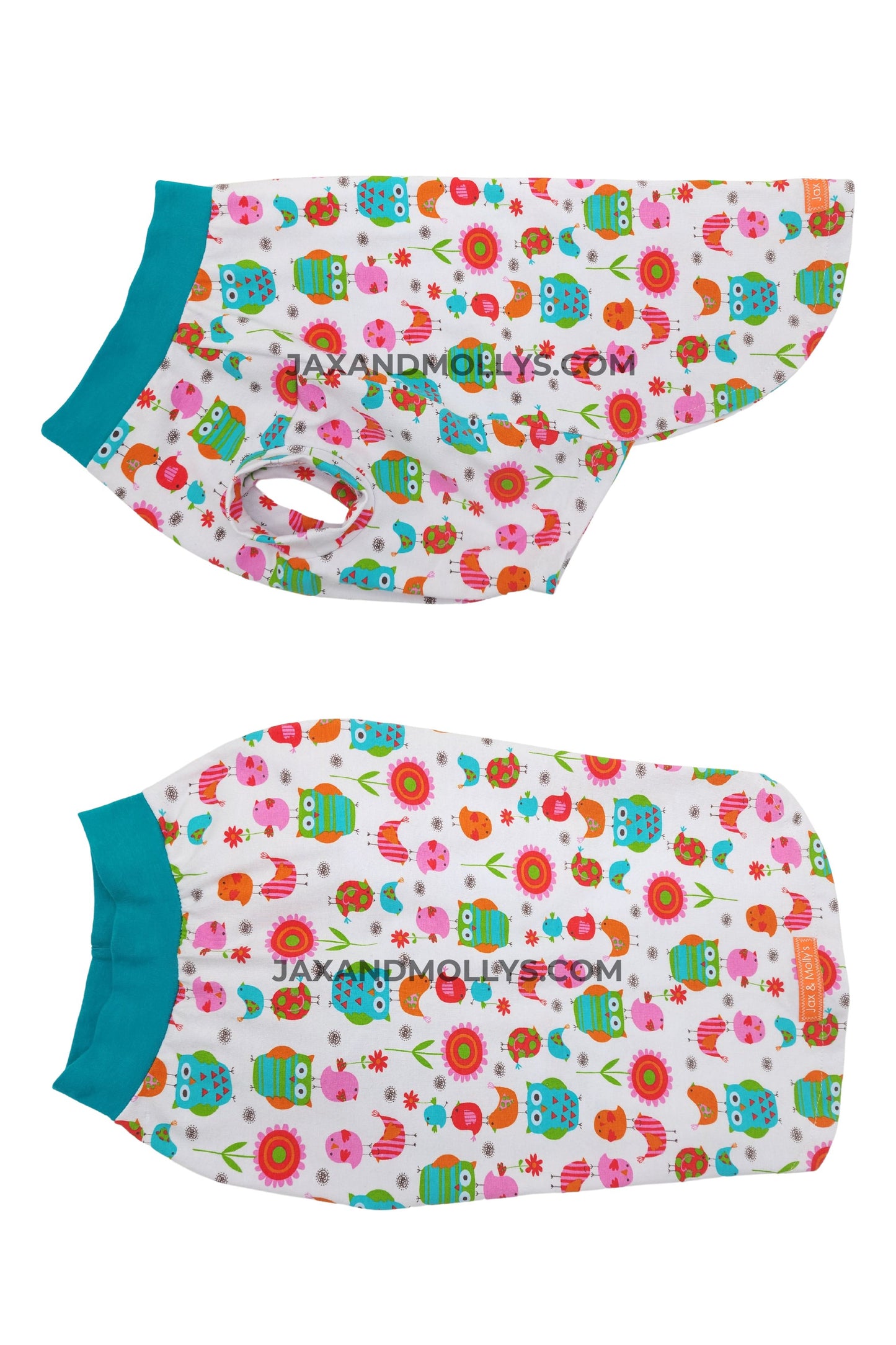 Flat lay of cotton owl print dog pajamas showing side and back design details