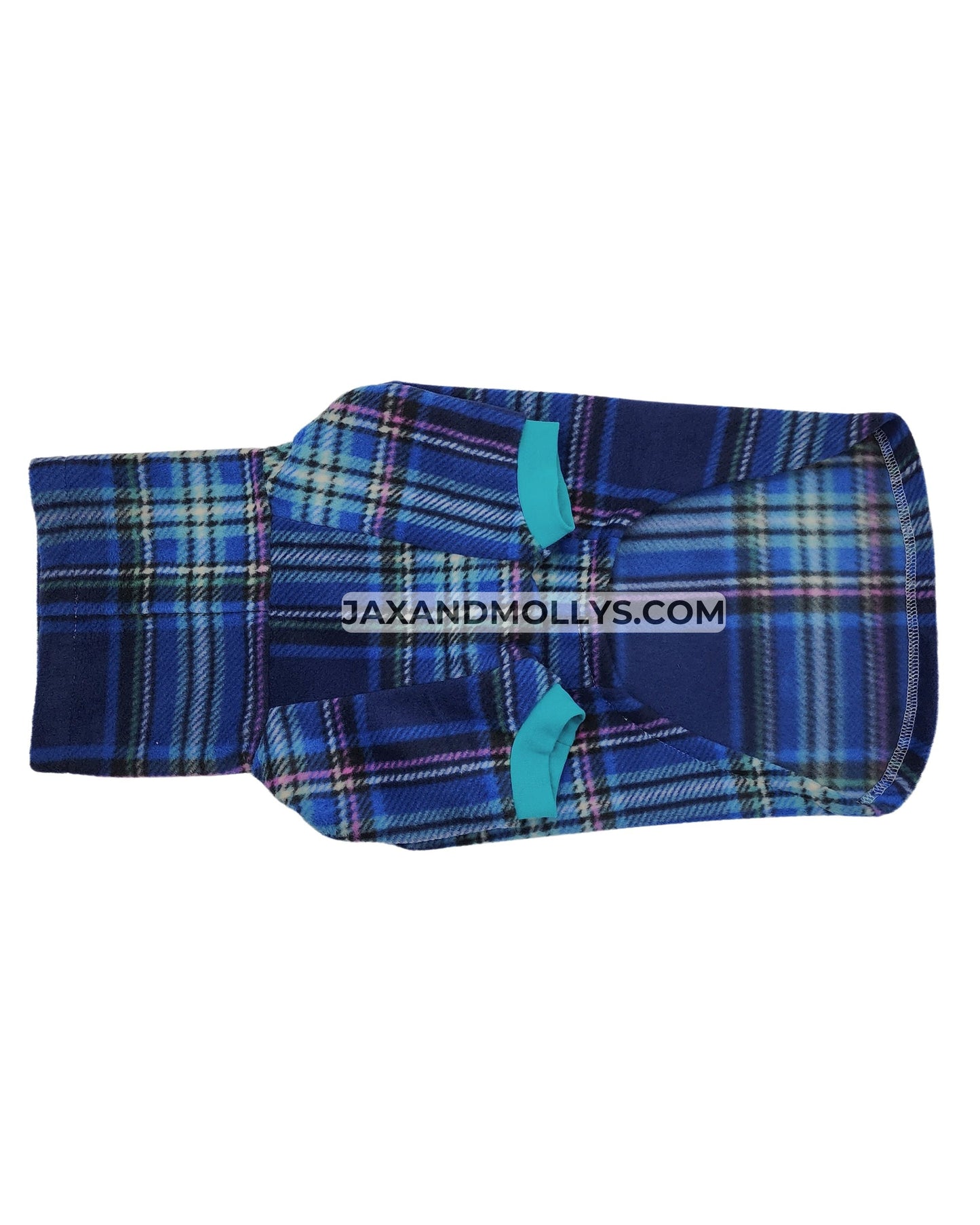 Peacock royal blue fleece dog sweater, flat underbelly view