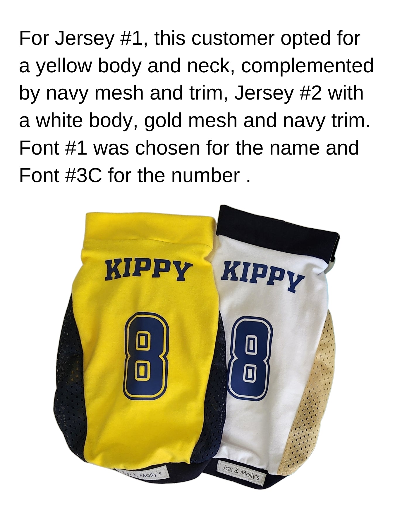 Back views of two customized sports jerseys for dogs, one in yellow and blue, the other in white and blue, featuring the vinyl graphic 'Kippy' and number 8.