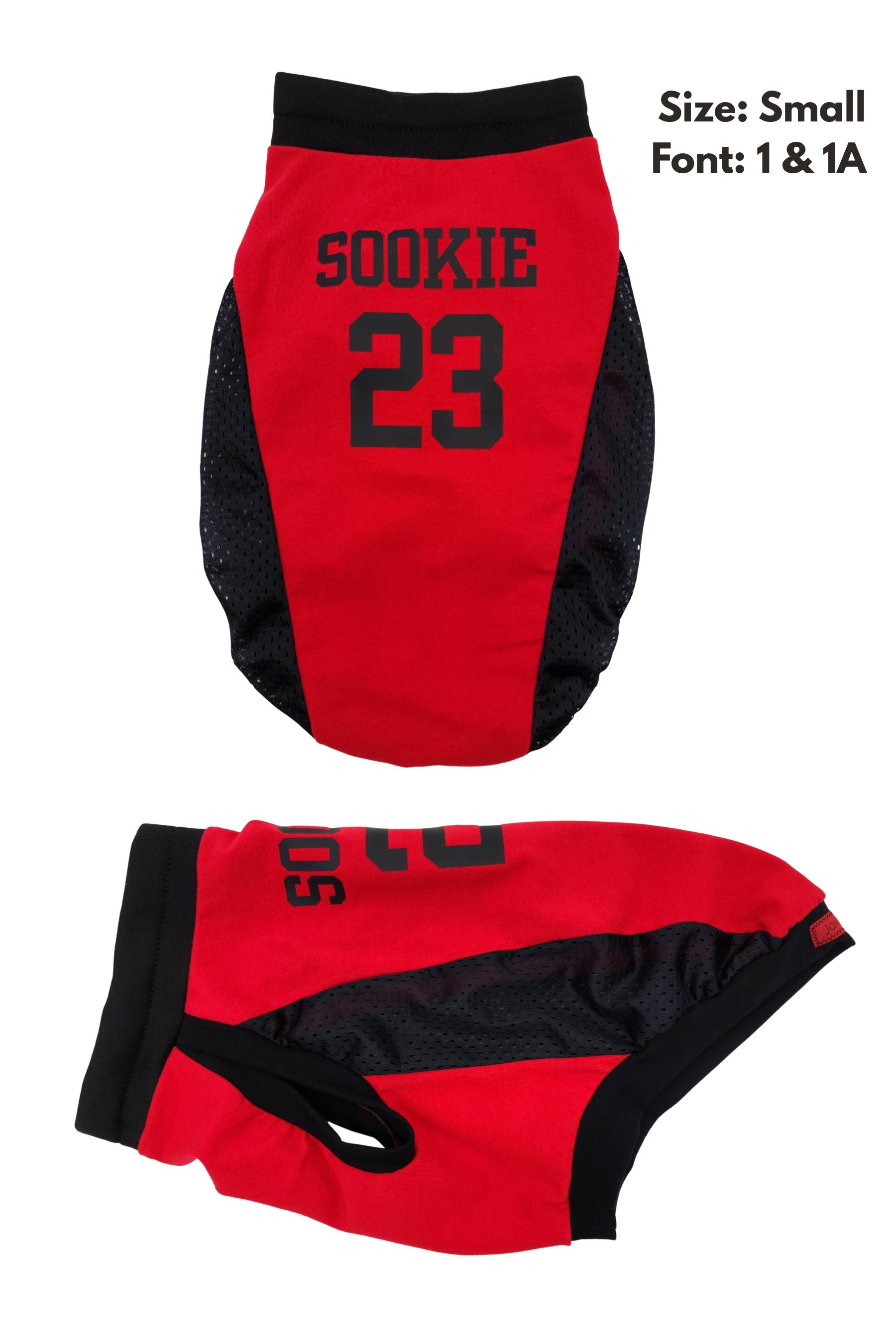 Red and black personalized dog sports jersey with name Sookie and number 23