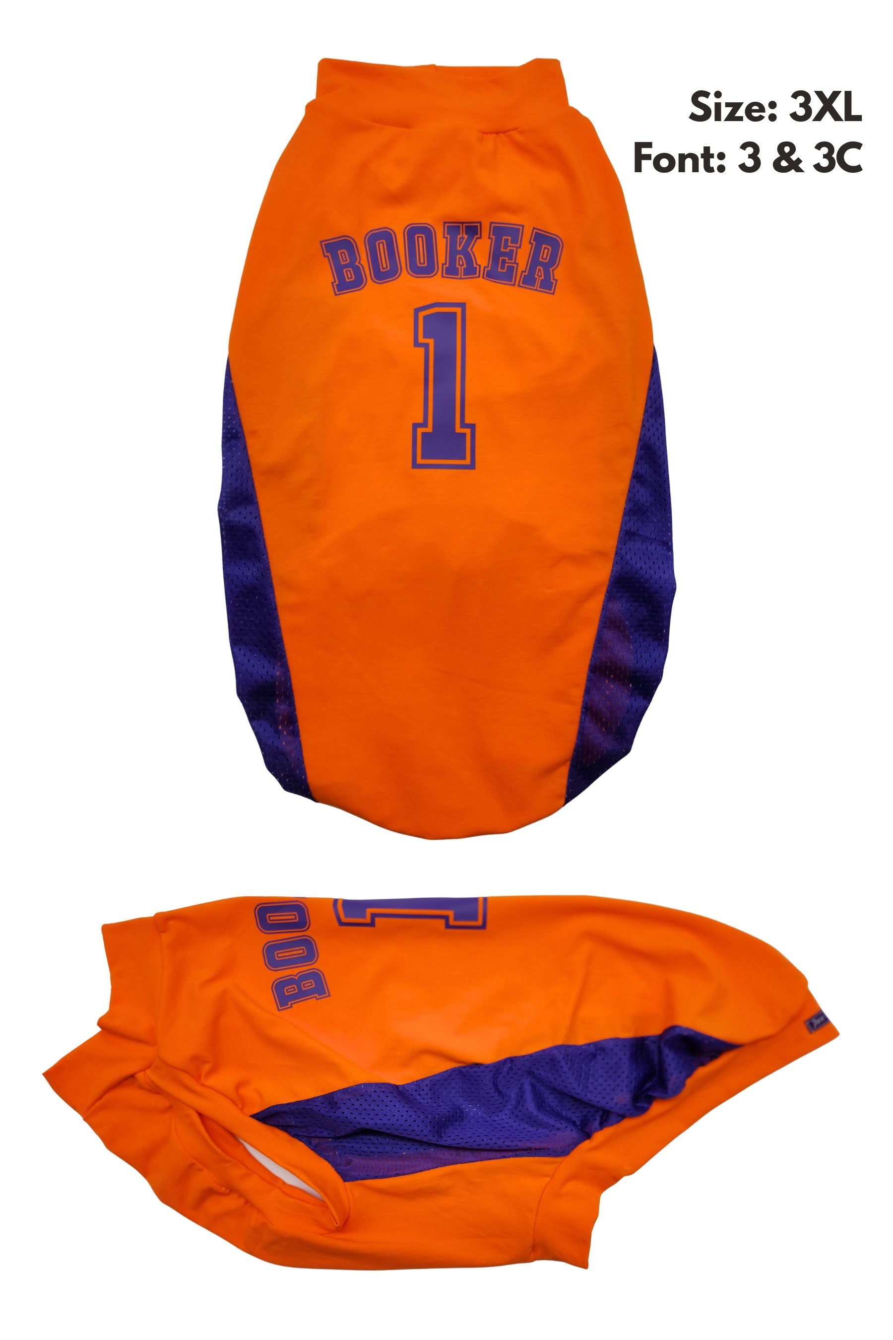 Orange and purple personalized dog sports jersey with name Booker and number 1