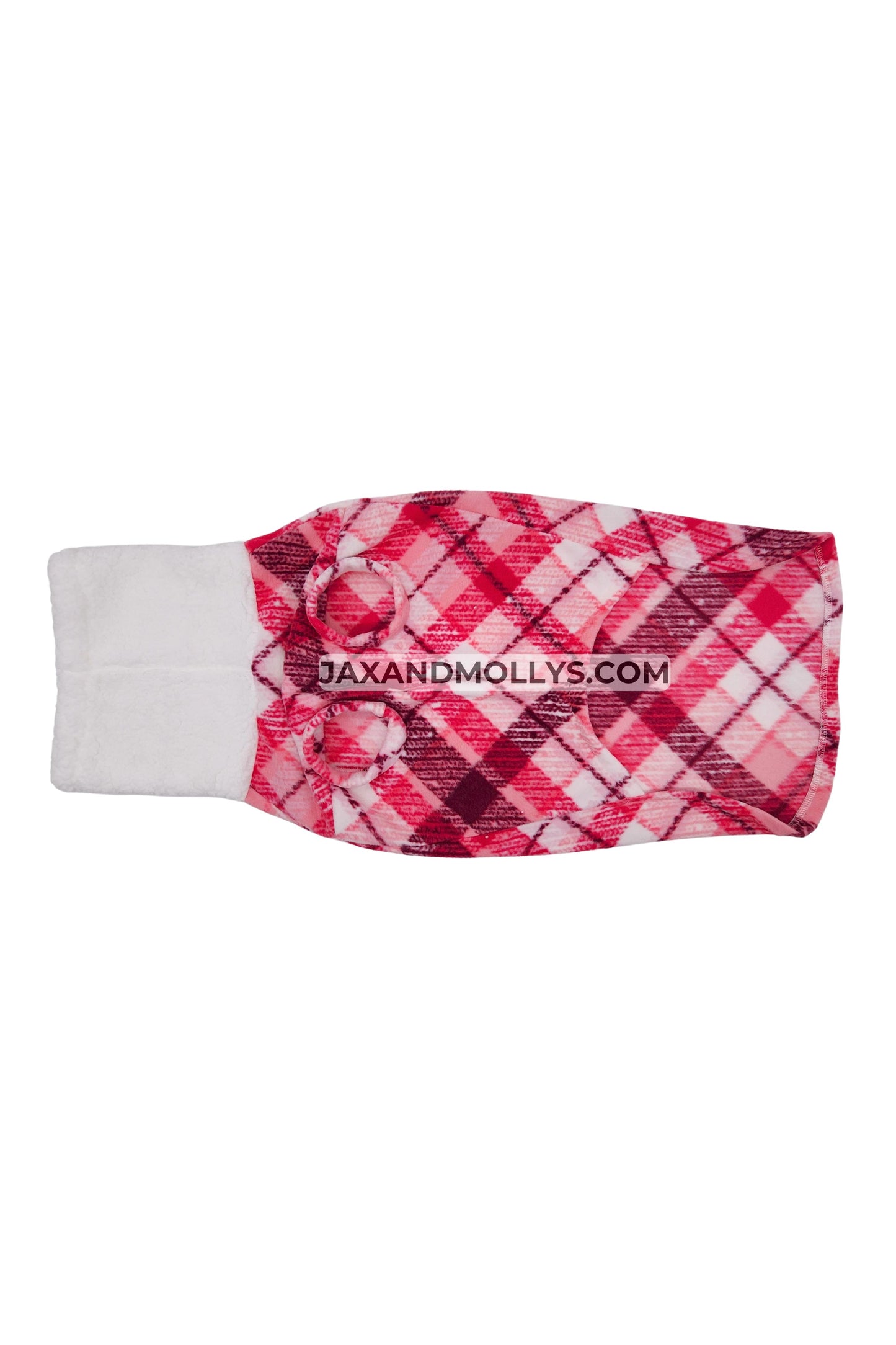 Underside of pink plaid fleece dog sweater showing pullover design and chest coverage