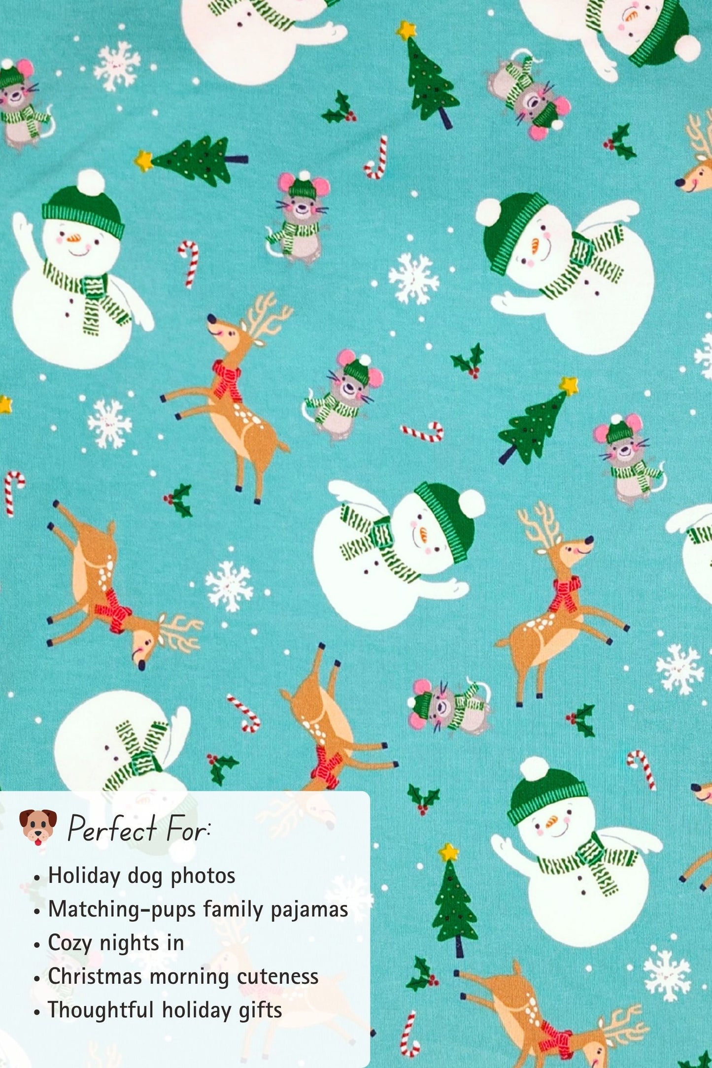 Christmas-themed fabric with snowmen, reindeer, and holiday themed accents on green background.