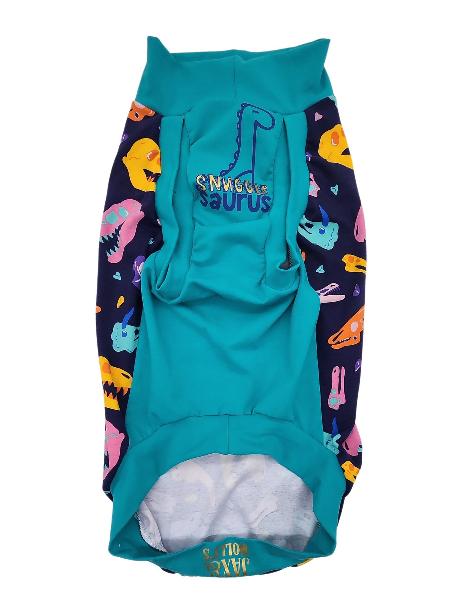 Underbelly view of Jax & Molly's 'Snuggle Saurus' Dog Tank, showcasing a chic jade color with a striking blue and gold vinyl graphic, displaying the words 'Snuggle Saurus' alongside a cute dino outline.