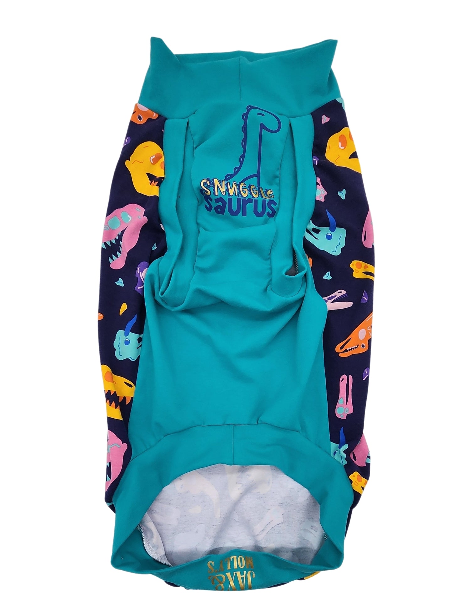 Underbelly view of Jax & Molly's 'Snuggle Saurus' Dog Tank, showcasing a chic jade color with a striking blue and gold vinyl graphic, displaying the words 'Snuggle Saurus' alongside a cute dino outline.