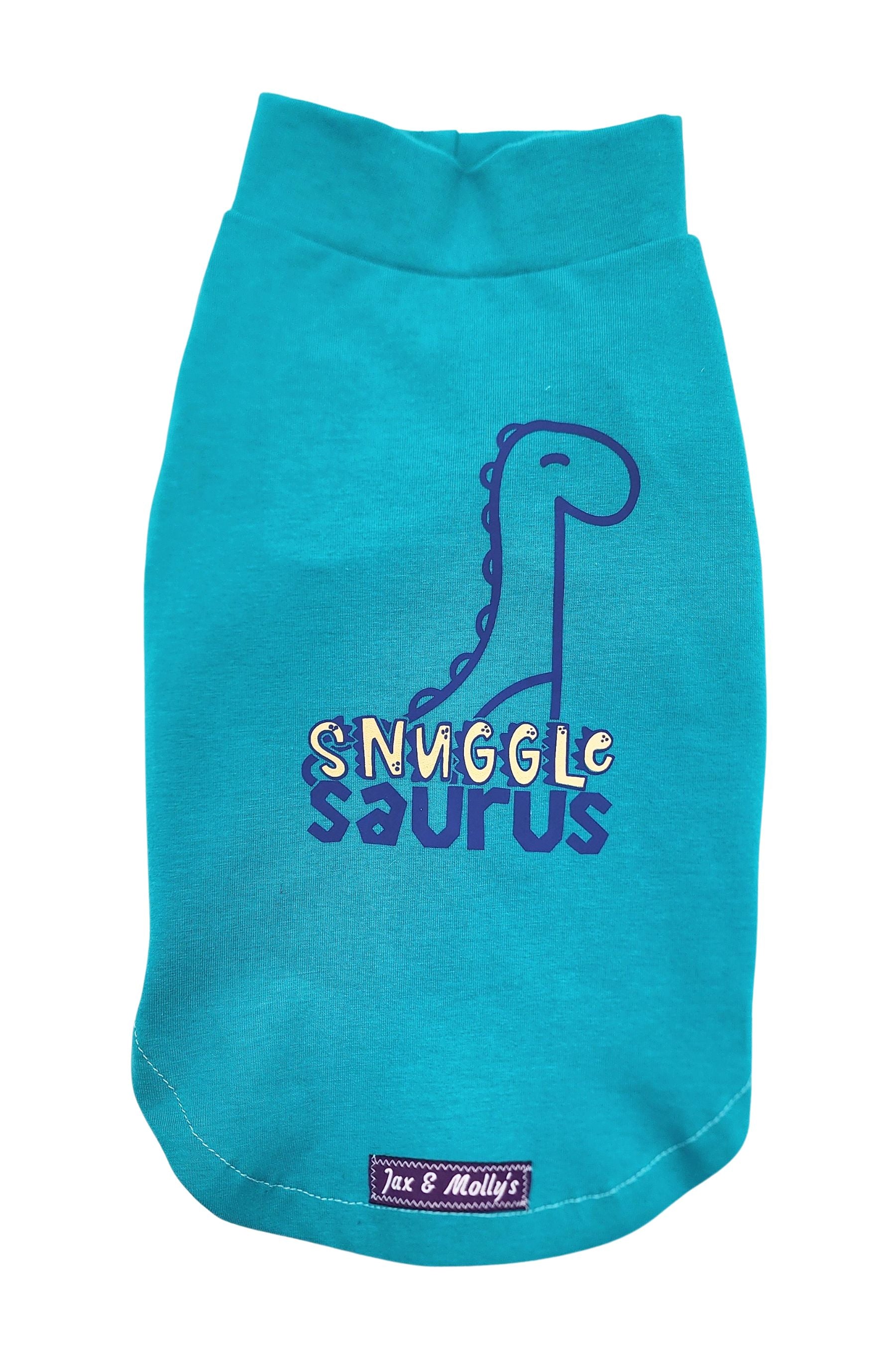 Teal Snugglesaurus dog shirt with playful dinosaur graphic by Jax & Molly’s