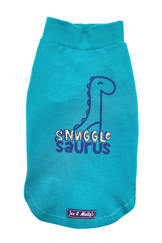 Teal Snugglesaurus dog shirt with playful dinosaur graphic by Jax & Molly’s