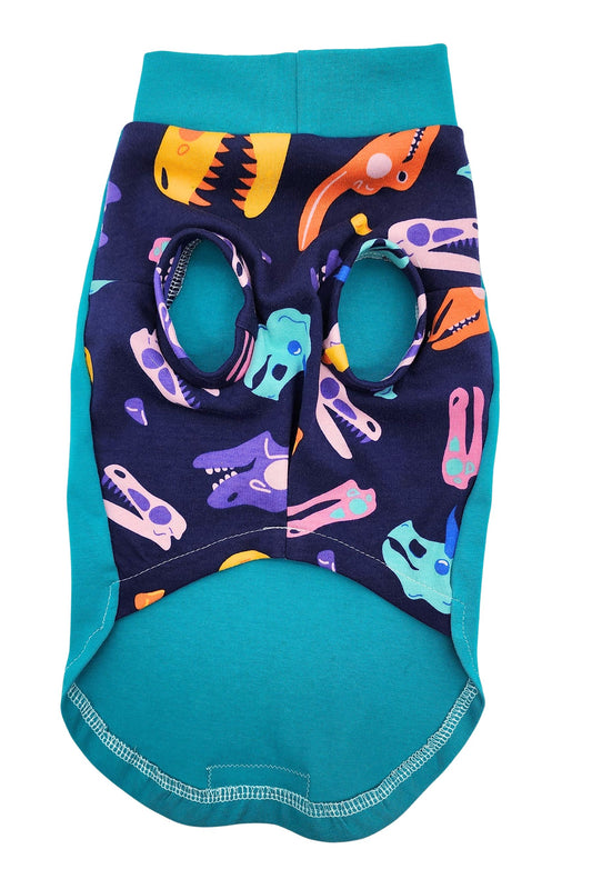 Dog shirt with teal trim and navy underbelly featuring colorful dinosaur skull pattern