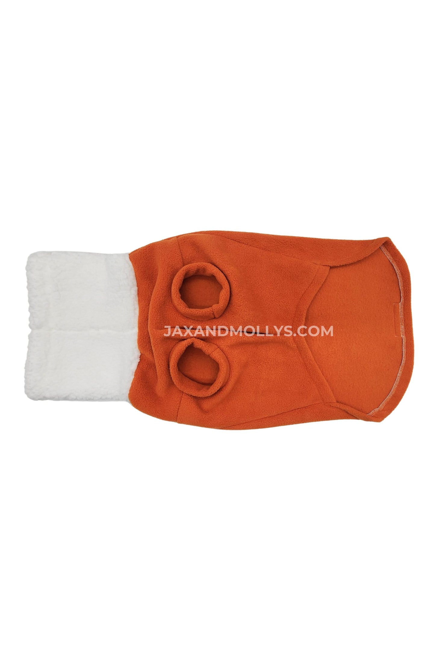 Underbelly view of an orange fleece dog sweater with a faux sherpa turtleneck.