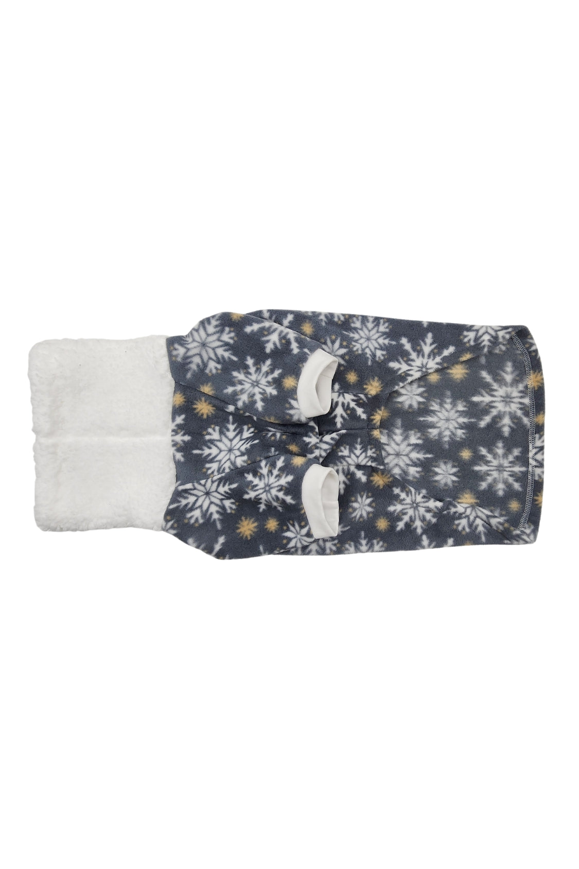 Close-up of snowflake detail on gray knit dog sweater with gold and white accents and high-quality stitching