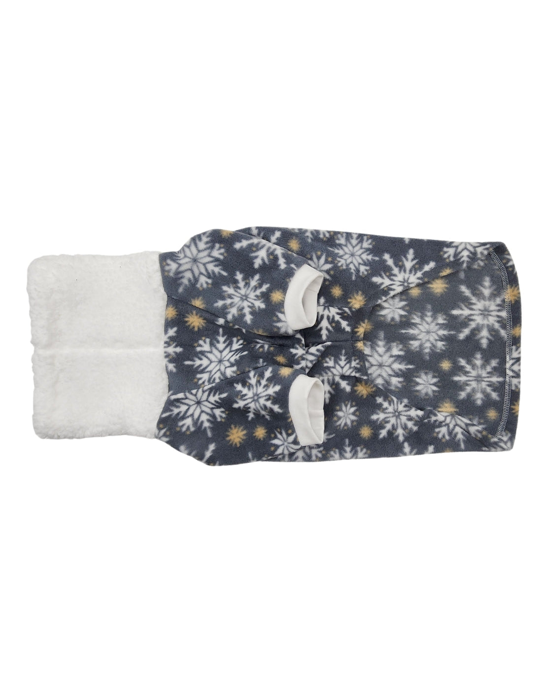 Twinkling gray and white snowflake fleece dog sweater with sherpa turtleneck, flat underbelly view