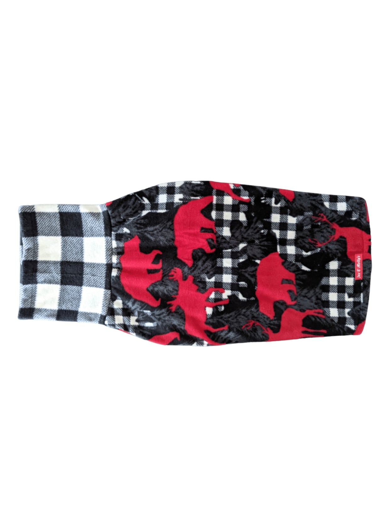 Back view of a dog sweater with print of bears and moose in red as well as white and black buffalo plaid with a matching buffalo plaid turtleneck.