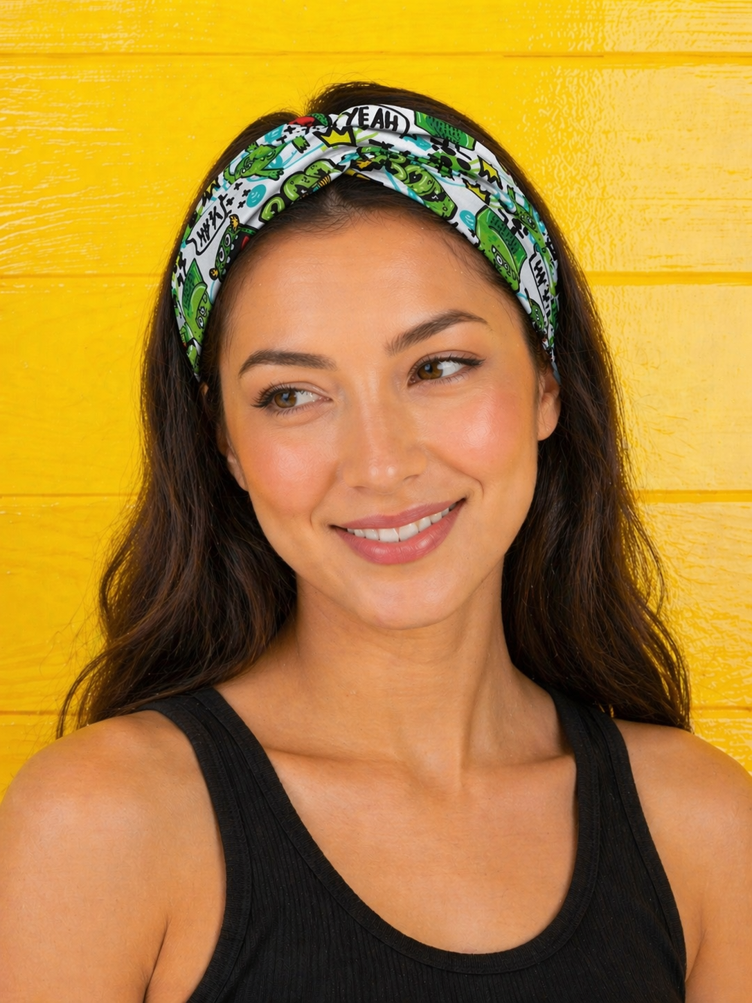 graffiti goblins poly spandex knot headband on woman model front view wide band knot style