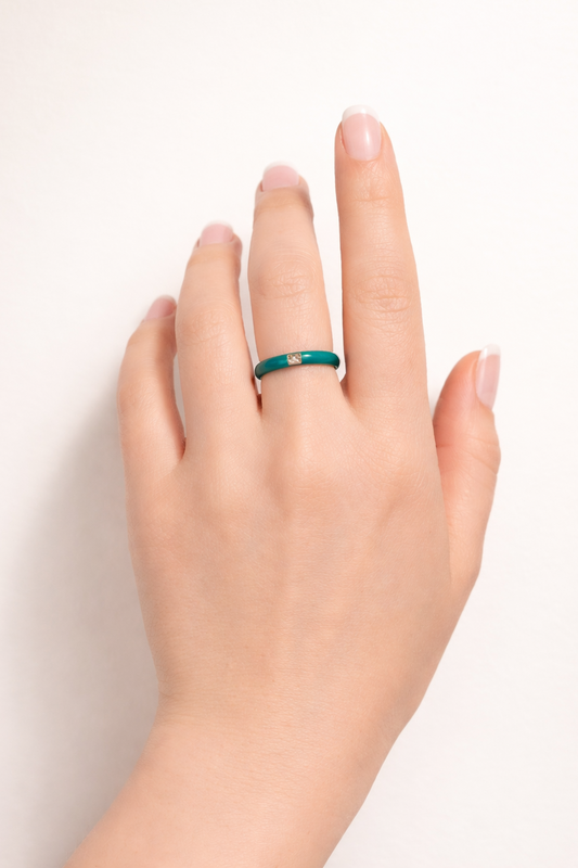 Teal Enamel Band Ring with Baguette Stone