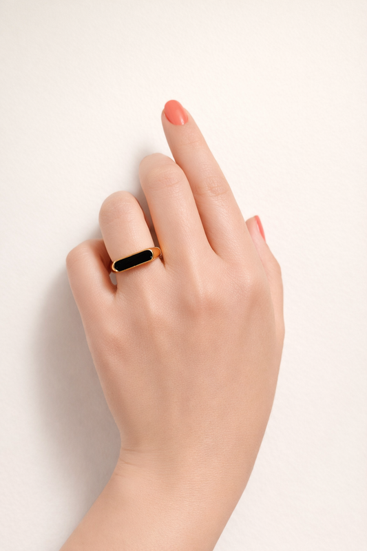 Oblong Gold with Black Enamel Ring