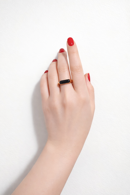Oblong Raised Black Enamel Gold Ring