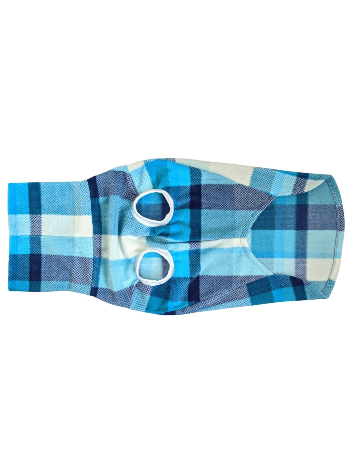 Underbelly view of a blue plaid dog sweater with a stylish turtleneck, highlighted by white sleeve accents.