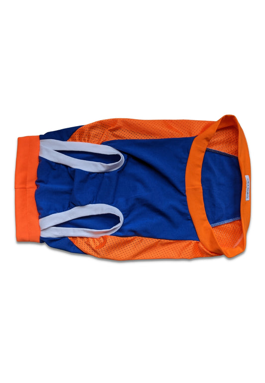 Blue and orange athletic dog jersey tank with gray armholes and orange trim.